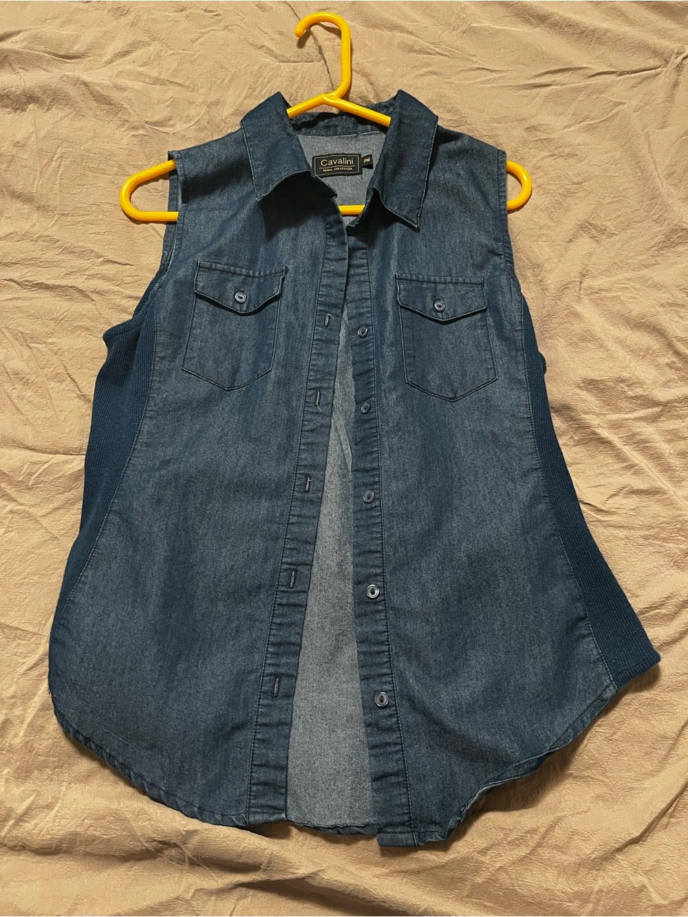 Sleeveless Dark Denim Button-Up Shirt